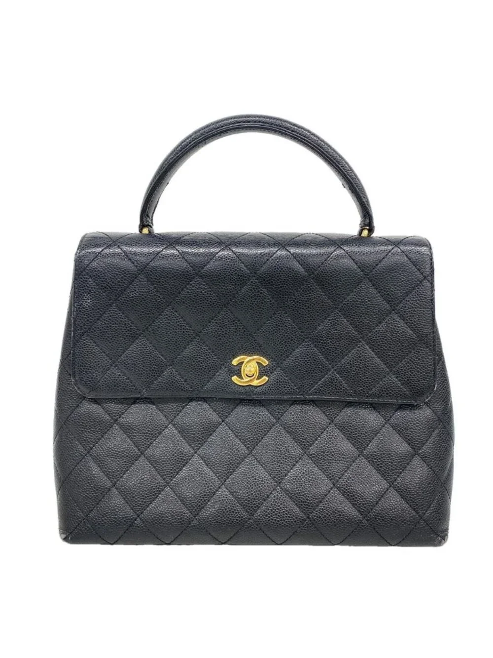 Chanel Handbag Quilted Caviar Leather Black Gold